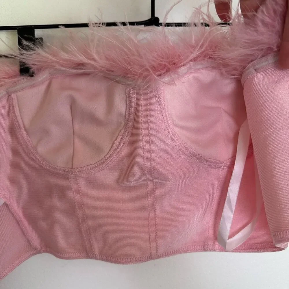 Superdown Ramona Feather Trim Bustier Top in Blush Pink - Picture 9 of 11